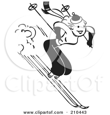 Royalty-Free (RF) Clipart Illustration of a Retro Black And White Woman Skiing Downhill by BestVector