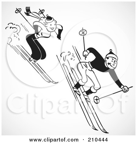 Royalty-Free (RF) Clipart Illustration of a Retro Black And White Couple Skiing Downhill by BestVector