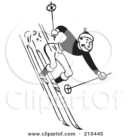 Royalty-Free (RF) Clipart Illustration of a Retro Black And White Man Skiing Downhill by BestVector