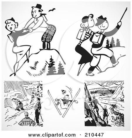 Royalty-Free (RF) Clipart Illustration of a Digital Collage Of Retro Black And White Sporty People Outdoors by BestVector