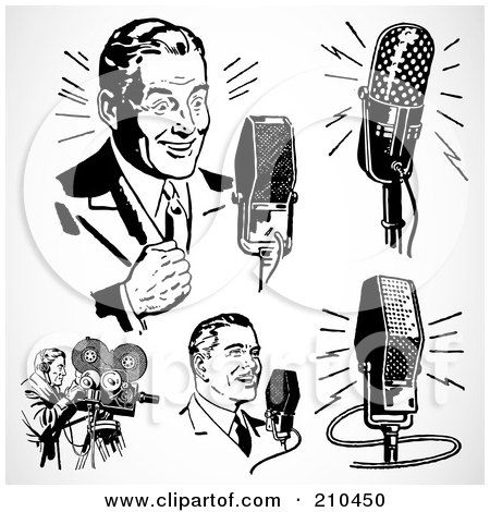 Royalty-Free (RF) Clipart Illustration of a Digital Collage Of Retro Black And White Radio And Tv Men by BestVector