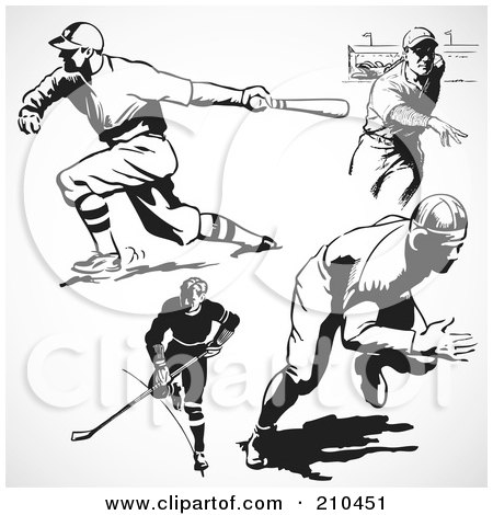 Royalty-Free (RF) Clipart Illustration of a Digital Collage Of Retro Black And White Hockey And Baseball Players by BestVector