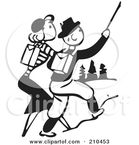 Royalty-Free (RF) Clipart Illustration of a Retro Black And White Couple Hiking Outdoors by BestVector