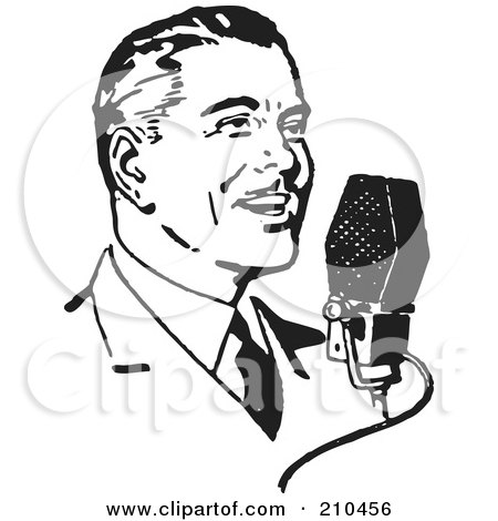Royalty-Free (RF) Clipart Illustration of a Retro Black And White Man Talking Into A Microphone by BestVector