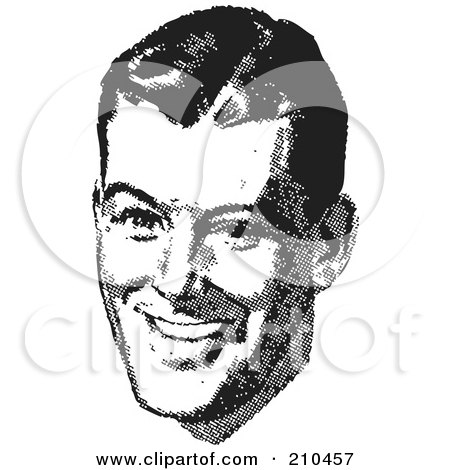 Royalty-Free (RF) Clipart Illustration of a Retro Black And White Man's Face With A Smile by BestVector