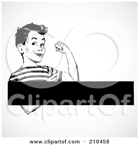 Royalty-Free (RF) Clipart Illustration of a Retro Black And White Strong Boy Flexing With A Text Box by BestVector