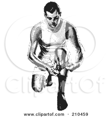 Royalty-Free (RF) Clipart Illustration of a Retro Black And White Man Kneeling And Putting On A Sock by BestVector