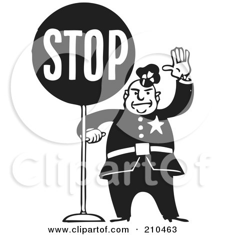Royalty-Free (RF) Clipart Illustration of a Retro Black And White Policeman With A Stop Sign by BestVector