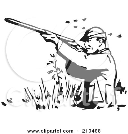 Royalty-Free (RF) Clipart Illustration of a Retro Black And White Man Wading And Shooting At Ducks by BestVector