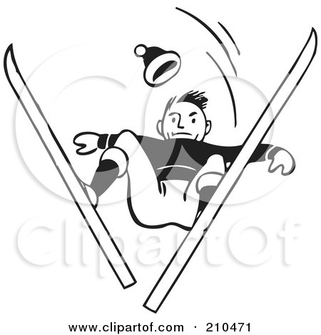Royalty-Free (RF) Clipart Illustration of a Retro Black And White Male Skier Catching Air And Looking Down by BestVector