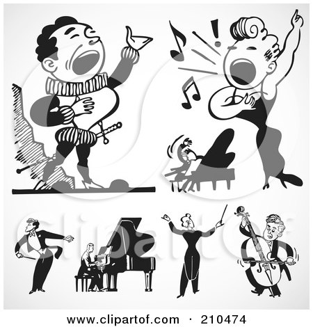 Royalty-Free (RF) Clipart Illustration of a Digital Collage Of Retro Black And White Singers And Musicians by BestVector
