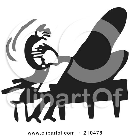 Royalty-Free (RF) Clipart Illustration of a Retro Black And White Man Wildly Playing A Piano by BestVector