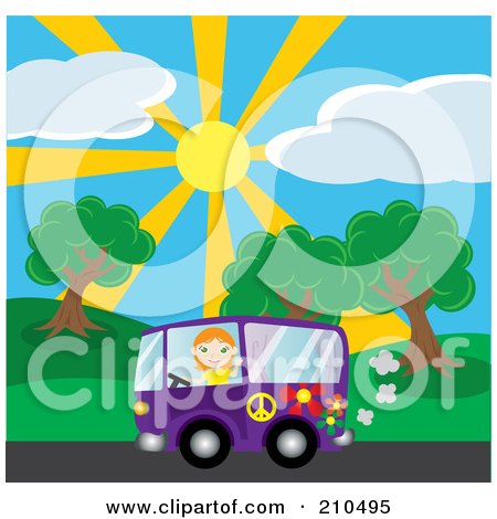 Royalty-Free (RF) Clipart Illustration of a Red Haired Girl Waving While Driving By A Park In A Purple Hippie Van by Rosie Piter