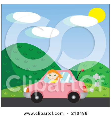 Royalty-Free (RF) Clipart Illustration of a Pretty Red Haired Girl Waving While Driving Past Hills In A Pink Car by Rosie Piter