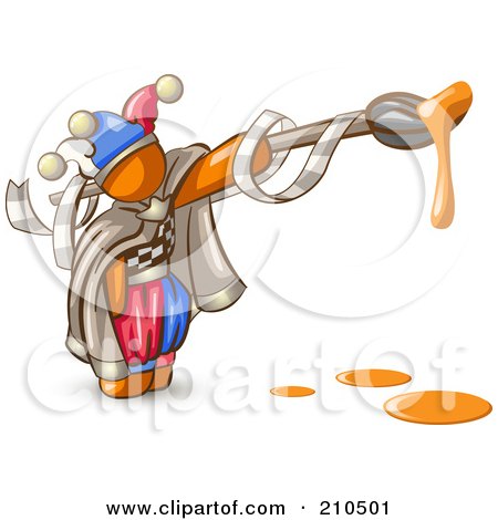 Royalty-Free (RF) Clipart Illustration of an Orange Man Design Mascot Jester With A Dripping Paintbrush by Leo Blanchette