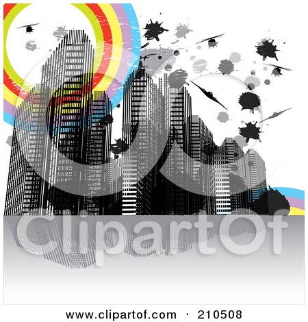 Royalty-Free (RF) Clipart Illustration of a Grungy Urban Background Of Highrises, Rainbows, Helicopters And Splatters by MilsiArt