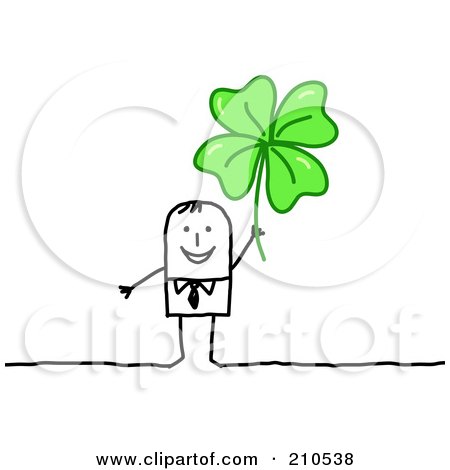 Royalty-Free (RF) Clipart Illustration of a Happy Stick Person Business Man Holding Up A Clover by NL shop
