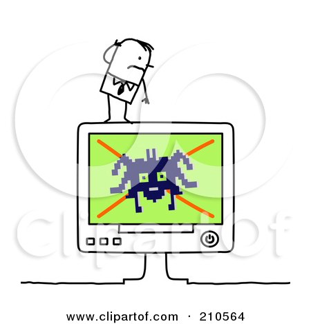 Royalty-Free (RF) Clipart Illustration of a Stick Person Business Man On A Computer With A Spider Virus by NL shop