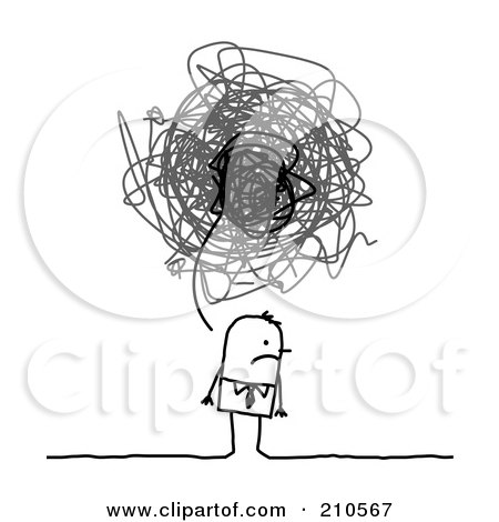 Royalty-Free (RF) Clipart Illustration of a Stick Person Business Man With A Gloomy Scribble Thought Balloon by NL shop