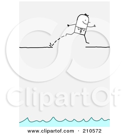Royalty-Free (RF) Clipart Illustration of a Stick Person Business Man Leaping Over A Broken Ledge Above Water by NL shop