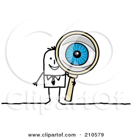 Royalty-Free (RF) Clipart Illustration of a Stick Person Business Man Peering Through A Magnifying Glass by NL shop