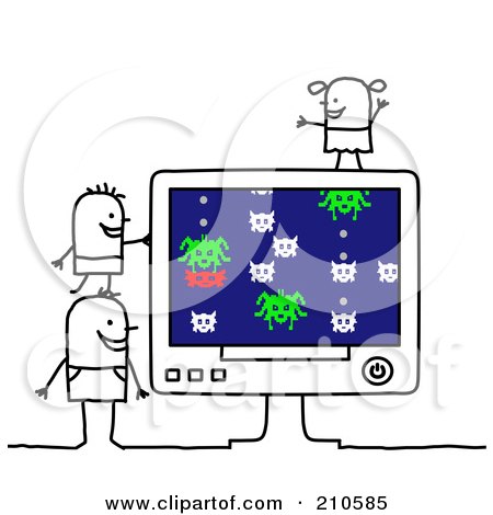 Royalty-Free (RF) Clipart Illustration of Stick Person Children Playing A Computer Game by NL shop