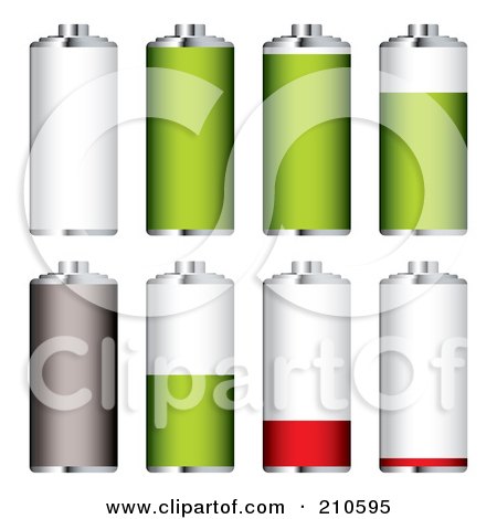 Royalty-Free (RF) Clipart Illustration of a Digital Collage Of White, Green, Red And Gray Batteries At Different Charge Levels by michaeltravers