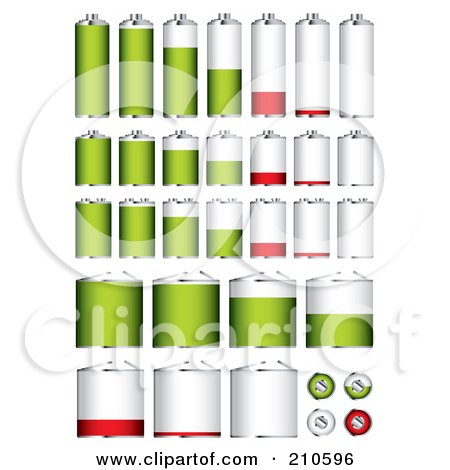 Royalty-Free (RF) Clipart Illustration of a Digital Collage Of Different Sized Batteries At Different Charge Levels by michaeltravers
