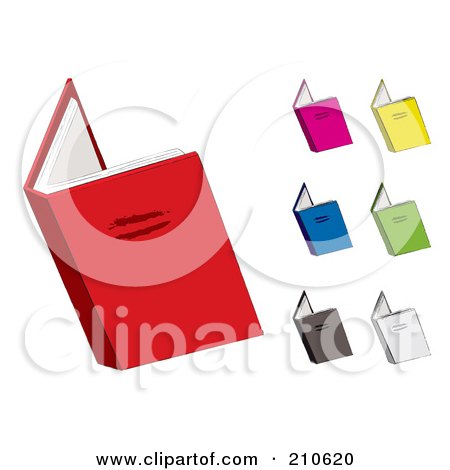 Royalty-Free (RF) Clipart Illustration of a Digital Collage Of Red, Pink, Yellow, Blue, Green, Gray And White Open Books by michaeltravers