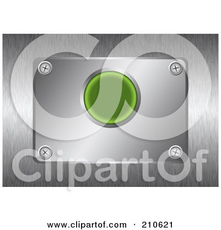 Royalty-Free (RF) Clipart Illustration of a Green Button On A Silver Plate Over Brushed Metal by michaeltravers