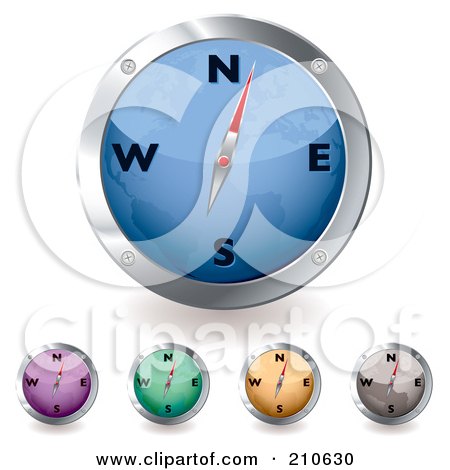 Royalty-Free (RF) Clipart Illustration of a Digital Collage Of Blue, Purple, Green, Orange And Gray Compasses by michaeltravers