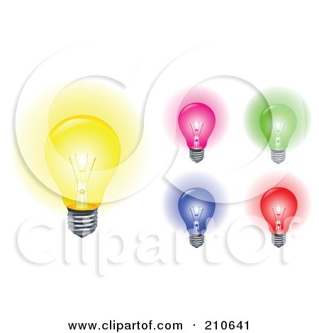 Royalty-Free (RF) Clipart Illustration of a Digital Collage Of Yellow, Pink, Green, Blue And Red Light Bulbs Aglow by yayayoyo