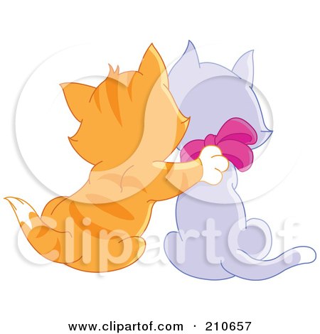 Royalty-Free (RF) Clipart Illustration of a Rear View Of A Ginger Kitten Cuddling With A Purple Kitten by yayayoyo
