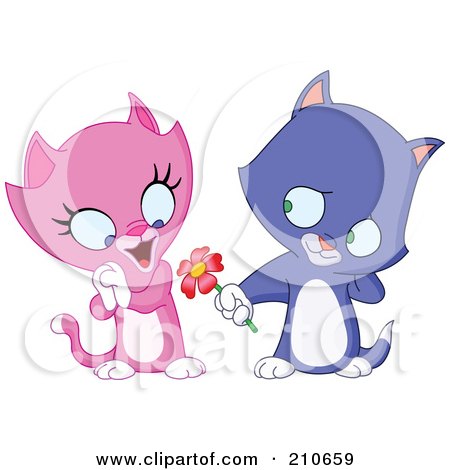 Royalty-Free (RF) Clipart Illustration of a Sweet Blue Kitten Giving A Flower To A Pink Kitten by yayayoyo