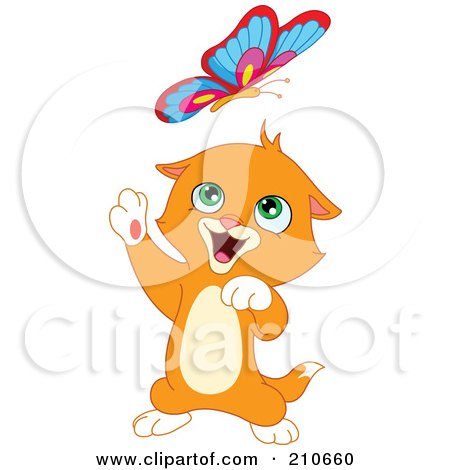 Royalty-Free (RF) Clipart Illustration of a Cute Ginger Kitten Up On His Hind Legs, Playing With A Butterfly by yayayoyo