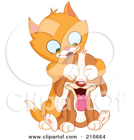 Royalty-Free (RF) Clipart Illustration of a Cute Ginger Kitten Playing Guess Who With A Puppy by yayayoyo