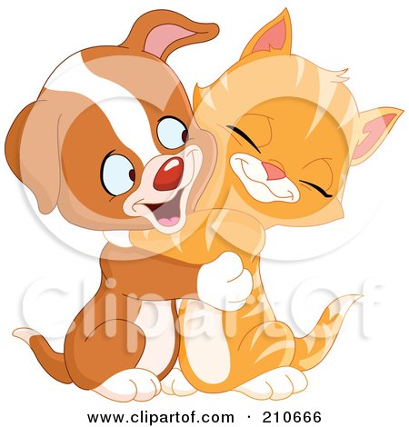 Royalty-Free (RF) Clipart Illustration of a Cute Ginger Kitten And Puppy Dog Hugging And Smiling by yayayoyo
