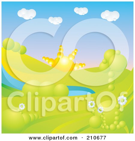 Royalty-Free (RF) Clipart Illustration of a 3d Golden Sun Rising Over A Hilly Landscape With Trees, Flowers And A Pond by MilsiArt