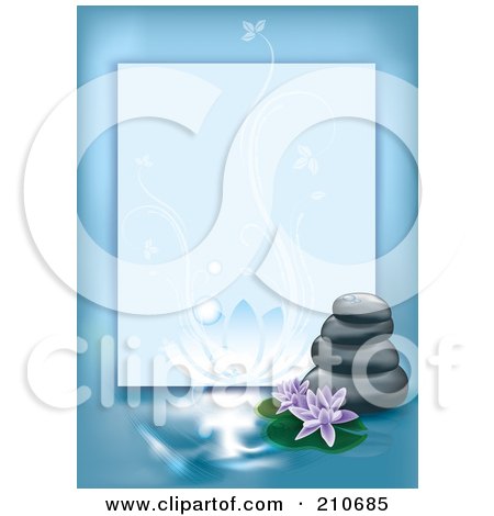 Royalty-Free (RF) Clipart Illustration of a Blue Spa Border With Flowers And Stacked Stones by MilsiArt