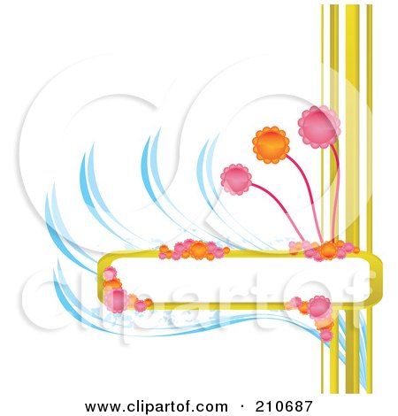 Royalty-Free (RF) Clipart Illustration of a Blank Box For Text With Colorful Flowers And Blue Swooshes On White by MilsiArt