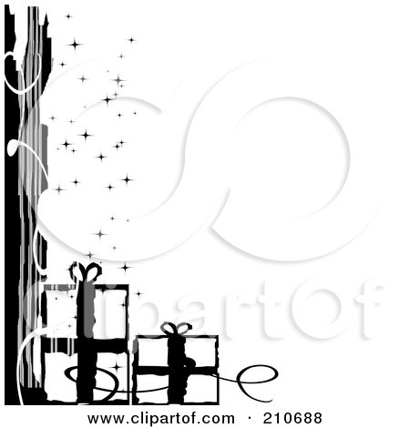 Royalty-Free (RF) Clipart Illustration of a Grungy Black And White Sparkly Christmas Corner Design With Gifts by MilsiArt