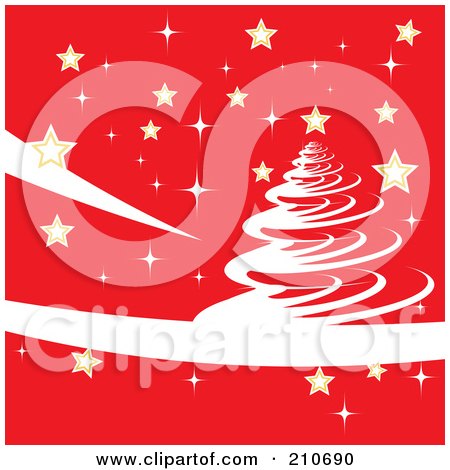 Royalty-Free (RF) Clipart Illustration of a White Christmas Tree Design On Red With Golden Stars by MilsiArt