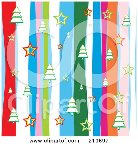 Royalty-Free (RF) Clipart Illustration of a Seamless Background Of Colorful Vertical Stripes, Stars And Christmas Trees by MilsiArt