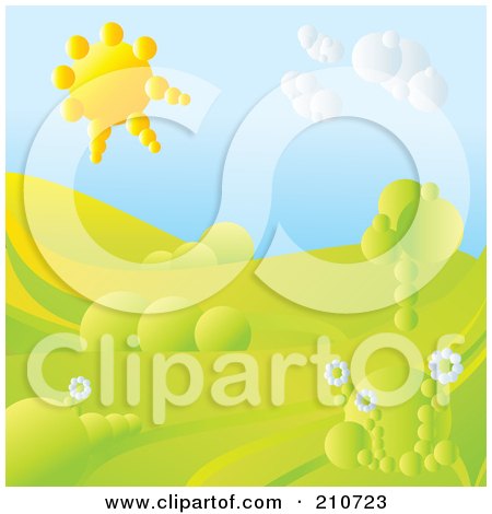 Royalty-Free (RF) Clipart Illustration of a 3d Sun Shining Over A Hilly Landscape by MilsiArt