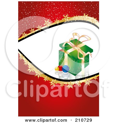 Royalty-Free (RF) Clipart Illustration of a Sparkly Red Border With A Green Gift by MilsiArt