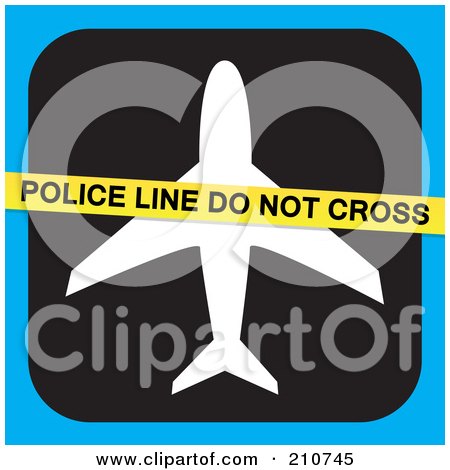 Royalty-Free (RF) Clipart Illustration of a Police Line Do Not Cross Tape Over An Airplane On Black And Blue by Arena Creative