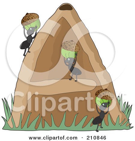 Royalty-Free (RF) Clipart Illustration of Black Ants Carrying Acorns Into An A Shaped Hill by Maria Bell