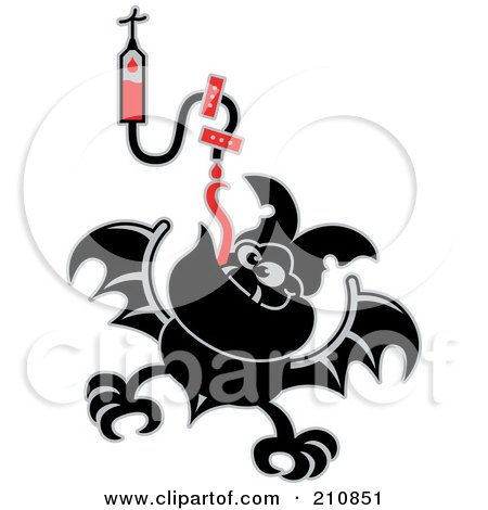 Royalty-Free (RF) Clipart Illustration of a Thisty Vampire Bat Sucking Blood From An IV by Zooco