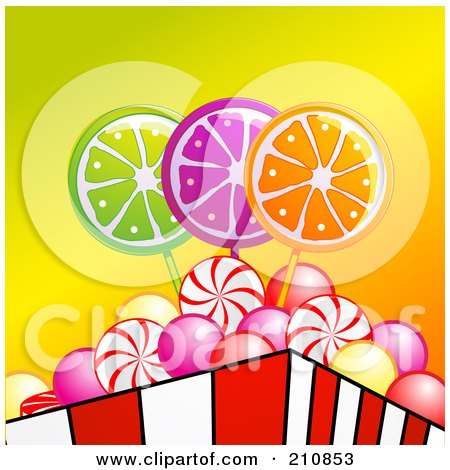 Royalty-Free (RF) Clipart Illustration of a Container Of Peppermint Swirls, Bubble Gum And Lolipop Candies by elaineitalia