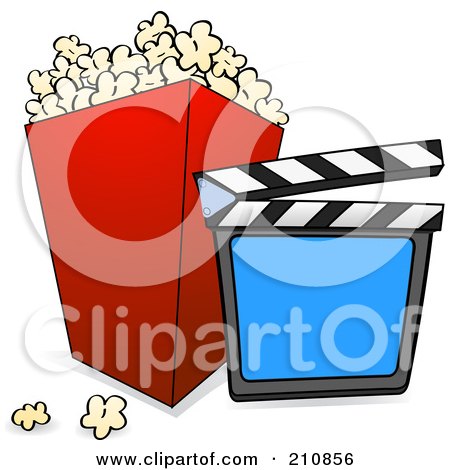 Royalty-Free (RF) Clipart Illustration of a Clapperboard Resting Against A Container Of Movie Popcorn, On A White Background by elaineitalia